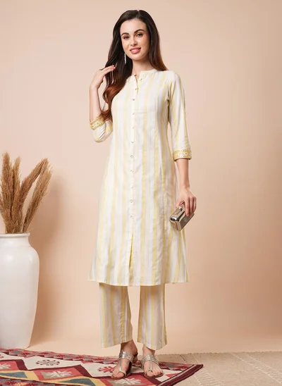 globus Globus Women Striped Regular Gotta Patti Pure Cotton Kurta With Trousers
