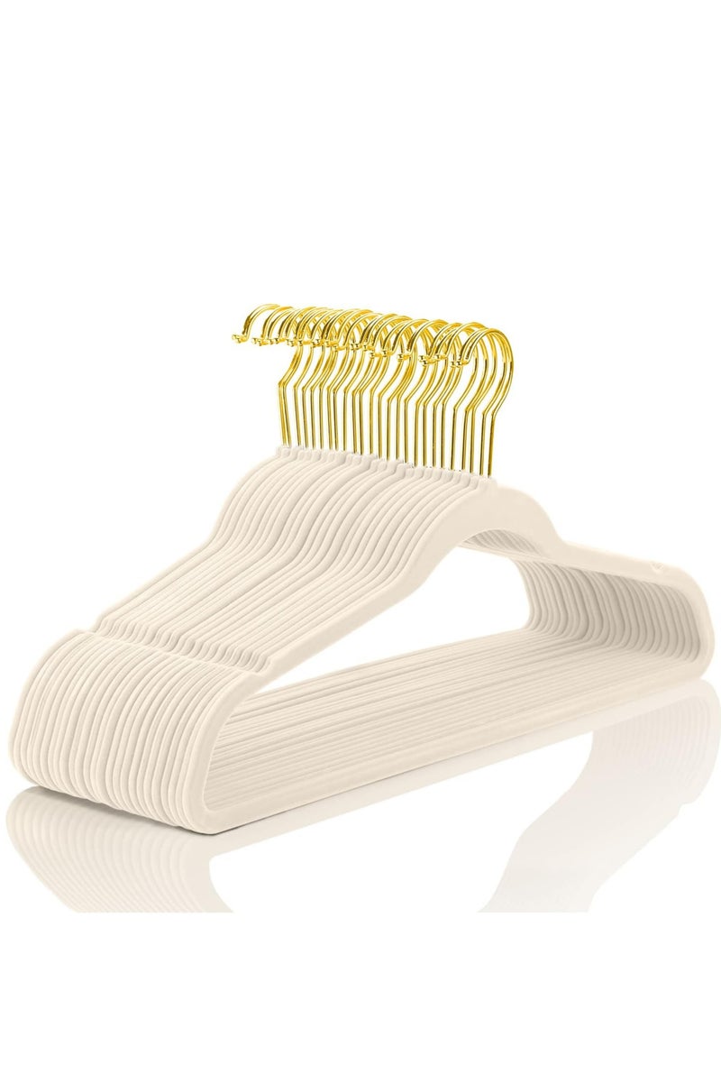 50 Pcs Premium Velvet Hangers Heavy duty Non Slip Slimline Velvet Coat Hangers Ivory Gold Hooks, Space Saving for Clothes - Image 1
