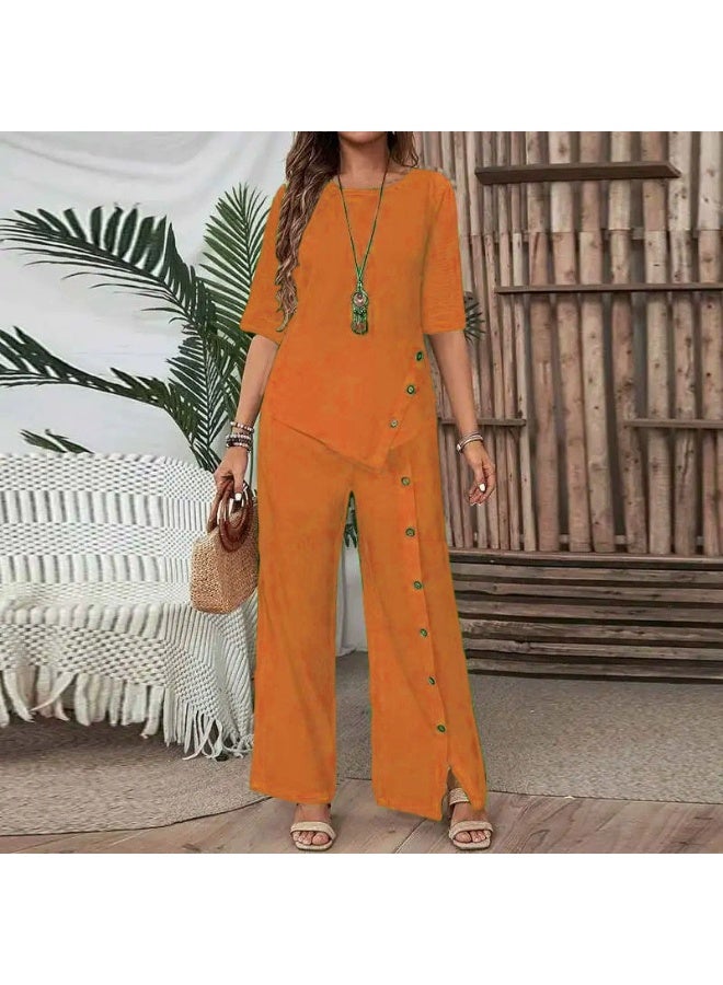 general 2025-2026 Women's Irregular Hemmed Pants Set - Elegant and Fashionable Casual Buttoned Half-Sleeve Shirt Loose Two-Piece Set - Image 1