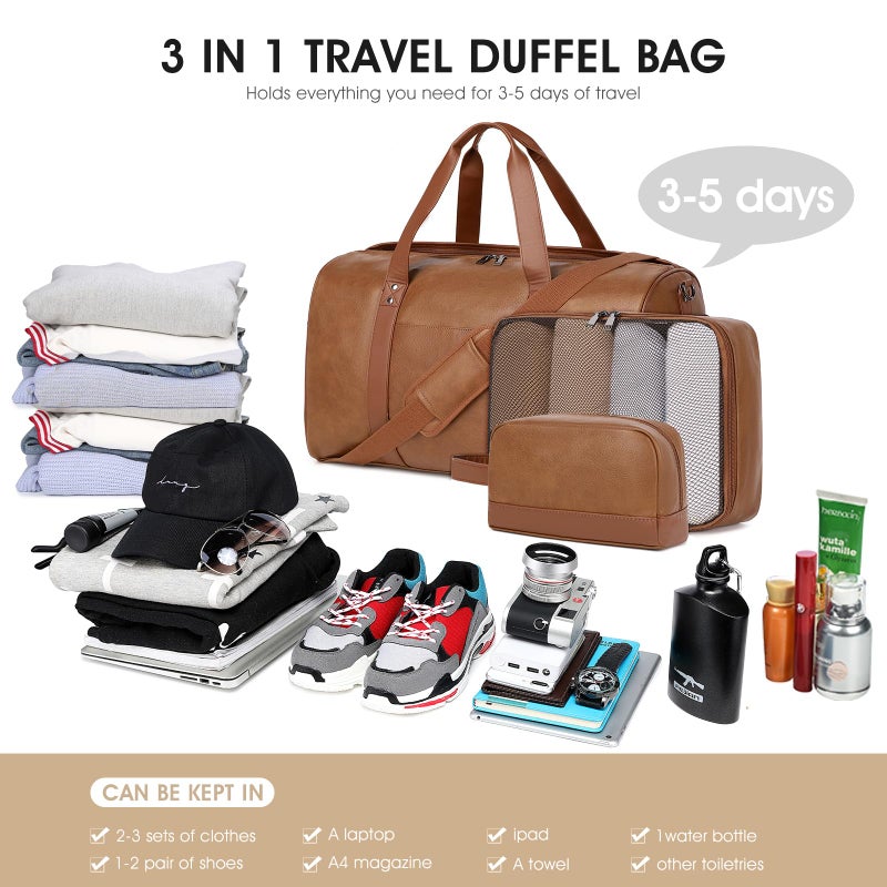 Wogarl 3PCS Faux Leather Weekender Bag for Women Men Large Overnight Bags Travel Duffel with Shoe Compartment Toiletry Packing Cube Carry On Tote Fit 21" Laptop(Light Brown) - Image 3