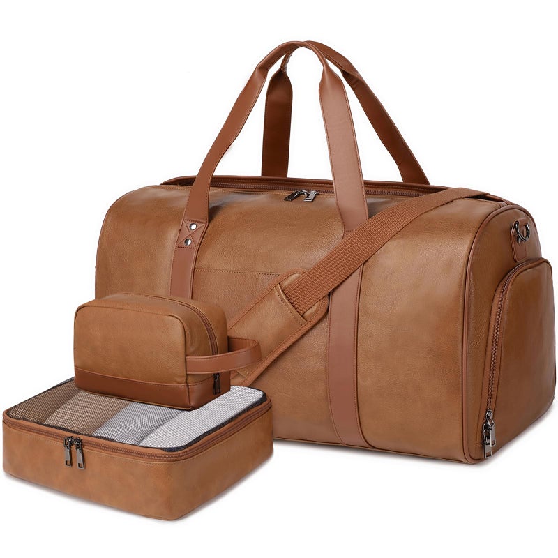 Wogarl 3PCS Faux Leather Weekender Bag for Women Men Large Overnight Bags Travel Duffel with Shoe Compartment Toiletry Packing Cube Carry On Tote Fit 21" Laptop(Light Brown) - Image 1
