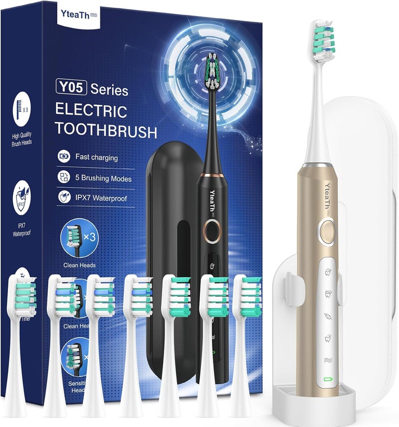 YTEATH PRO Sonic Electric Toothbrush for Family - Sonic Toothbrush Adults Child with 8 Heads and Travel Case, 5 Modes, IPX7 Waterproof, Rechargeable Travel Electric Toothbrush, Frosted Gold - Image 1