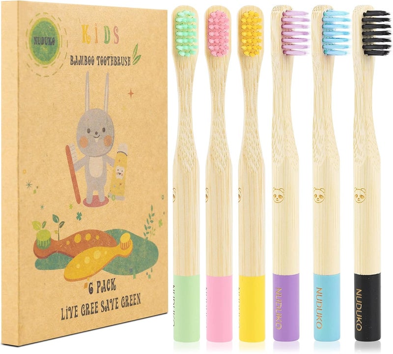 NUDUKO Bamboo Kids Toothbrushes (6 Pack) - Soft Bristle Organic Compostable BPA Free Toothbrush for Kids Toddler Baby Tooth Brush, Eco Friendly Natural Biodegradable Wooden Toothbrush - Round Handle - Image 1