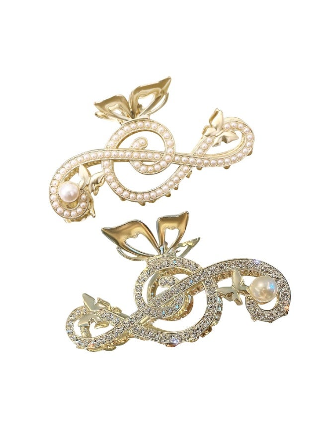 مشبك شعر ذهبي على شكل مفتاح موسيقي ثلاثي للنساء، دبوس شعر لامع مرصع بأحجار الراين واللؤلؤ، إكسسوار شعر معدني أنيق برموز موسيقية، هدية أنيقة للموسيقيين والمعجبين. - Image 1