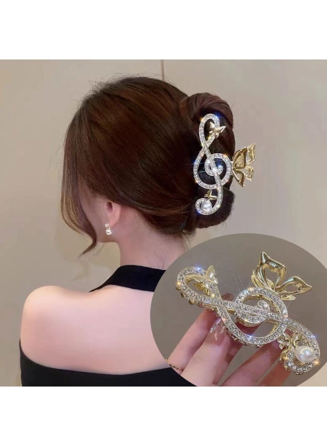 مشبك شعر ذهبي على شكل مفتاح موسيقي ثلاثي للنساء، دبوس شعر لامع مرصع بأحجار الراين واللؤلؤ، إكسسوار شعر معدني أنيق برموز موسيقية، هدية أنيقة للموسيقيين والمعجبين. - Image 2