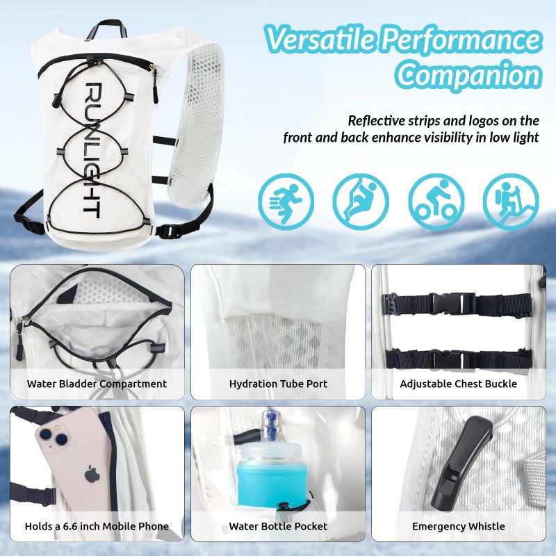Runlight Running Vest for Women Men, Adjustable Hydration Backpack Breathable Reflective with 1.5L Water Bladder for Hiking, Trail, Running, Marathons, Cycling (White, One Size) - Image 4