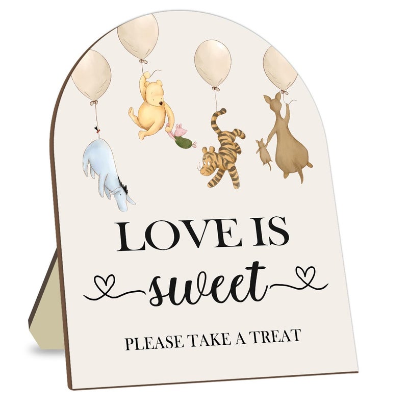 Hatzelou Winnie Love Is Sweet Please Take A Treat Sign  Classic Pooh Love Is Sweet Sign For Dessert Table  Cute Animals Decor Bridal Shower Welcome Sign  Wedding Sign Baby Shower Favors For Guests - Image 1