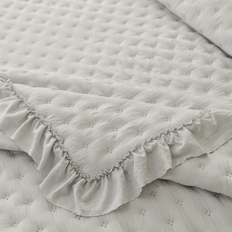 Cmfshape Bedding Set-3 Pieces Ultrasonic Quilt Sets with Ruffled Edges for an Elegant Bedroom Decor Suitable All Season,Grey(Twin XL 80"x90") - Image 4