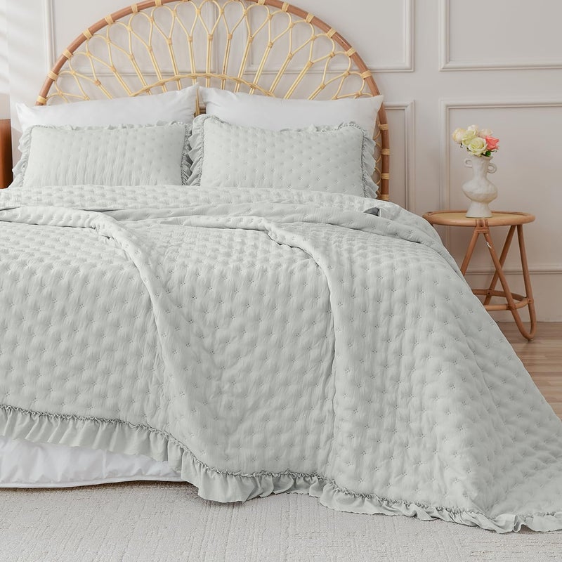 Cmfshape Bedding Set-3 Pieces Ultrasonic Quilt Sets with Ruffled Edges for an Elegant Bedroom Decor Suitable All Season,Grey(Twin XL 80"x90") - Image 2