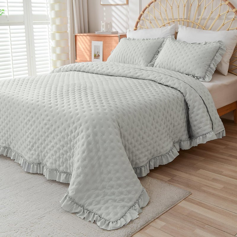 Cmfshape Bedding Set-3 Pieces Ultrasonic Quilt Sets with Ruffled Edges for an Elegant Bedroom Decor Suitable All Season,Grey(Twin XL 80"x90") - Image 5