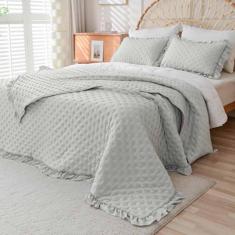 Cmfshape Bedding Set-3 Pieces Ultrasonic Quilt Sets with Ruffled Edges for an Elegant Bedroom Decor Suitable All Season,Grey(Twin XL 80"x90") - Image 1