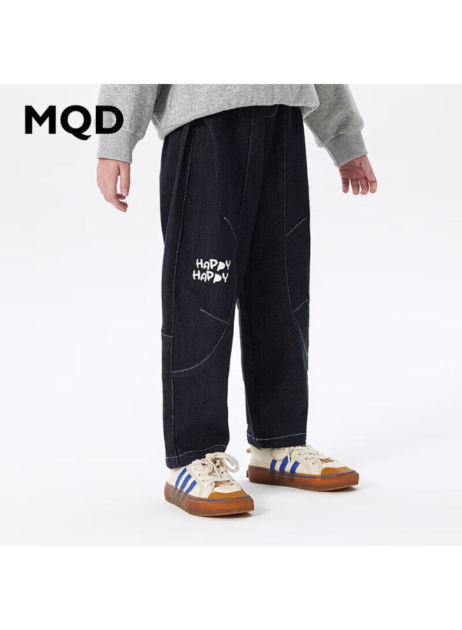 Mqd Boys' Casual Denim Jeans For Older Kids, Autumn College Style Letter Print, Versatile, Dark Denim Blue, Size 110 - Image 1