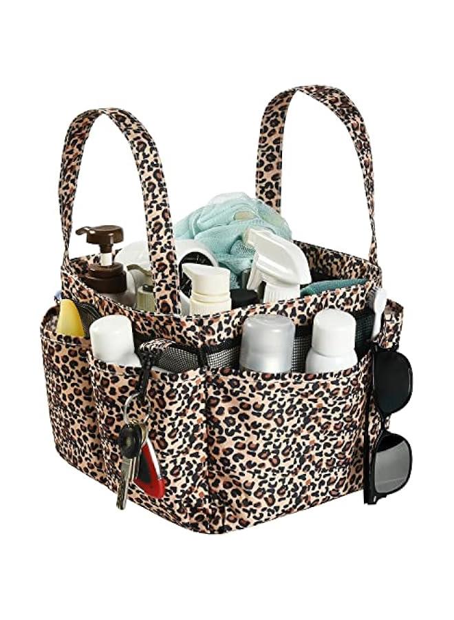 Arabest Mesh Shower Caddy Bag, Portable Basket Organizer with Key Hook for College Dorm Bathroom Camp Gym, Hanging Tote Bag with 8 Pockets, Lepoard - Image 1