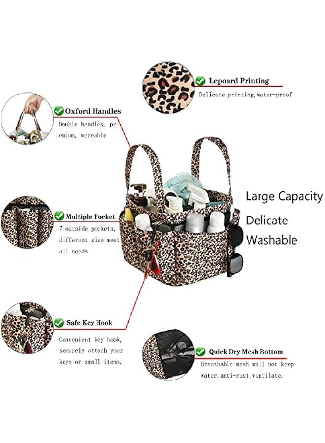 Arabest Mesh Shower Caddy Bag, Portable Basket Organizer with Key Hook for College Dorm Bathroom Camp Gym, Hanging Tote Bag with 8 Pockets, Lepoard - Image 2
