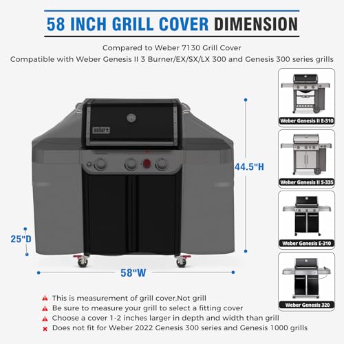 KINGLY Heavy Duty 58 Inch Grill Cover for Weber Genesis 300 & Genesis II 300 Series,600D Waterproof Fade Resistant BBQ Gas Grill Cover for Outdoor Grill with Straps,Compared to Weber 7130 - Image 2