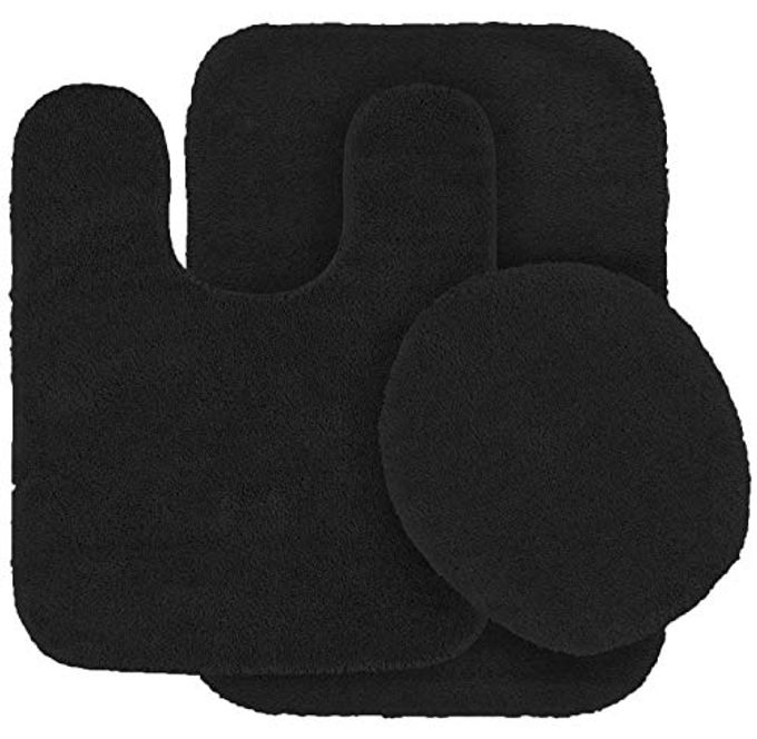 3PC SOLID NON SLIP SOFT BATH RUG SET FOR BATHROOM USHAPED CONTOUR RUG MAT AND TOILET LID COVER NEW ANGELA BLACK