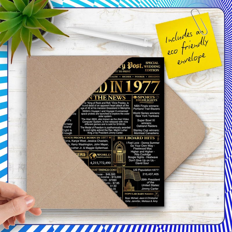Stuff4 Gold بطاقة الذكرى السنوية الـ 49 للرجال والنساء - Golden Newspaper Married in 1977-49 سنة بطاقة ذكرى الزفاف للزوجة الرفيق الزوج الشريك A5 بطاقات تهنئة بالذكرى السنوية - Image 5