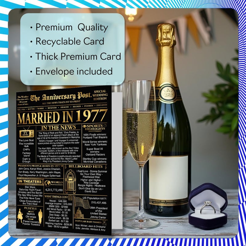 Stuff4 Gold بطاقة الذكرى السنوية الـ 49 للرجال والنساء - Golden Newspaper Married in 1977-49 سنة بطاقة ذكرى الزفاف للزوجة الرفيق الزوج الشريك A5 بطاقات تهنئة بالذكرى السنوية - Image 3