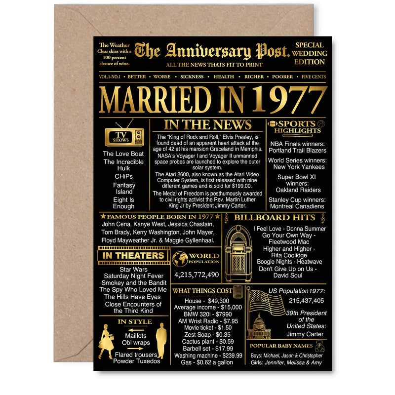 Stuff4 Gold بطاقة الذكرى السنوية الـ 49 للرجال والنساء - Golden Newspaper Married in 1977-49 سنة بطاقة ذكرى الزفاف للزوجة الرفيق الزوج الشريك A5 بطاقات تهنئة بالذكرى السنوية - Image 1