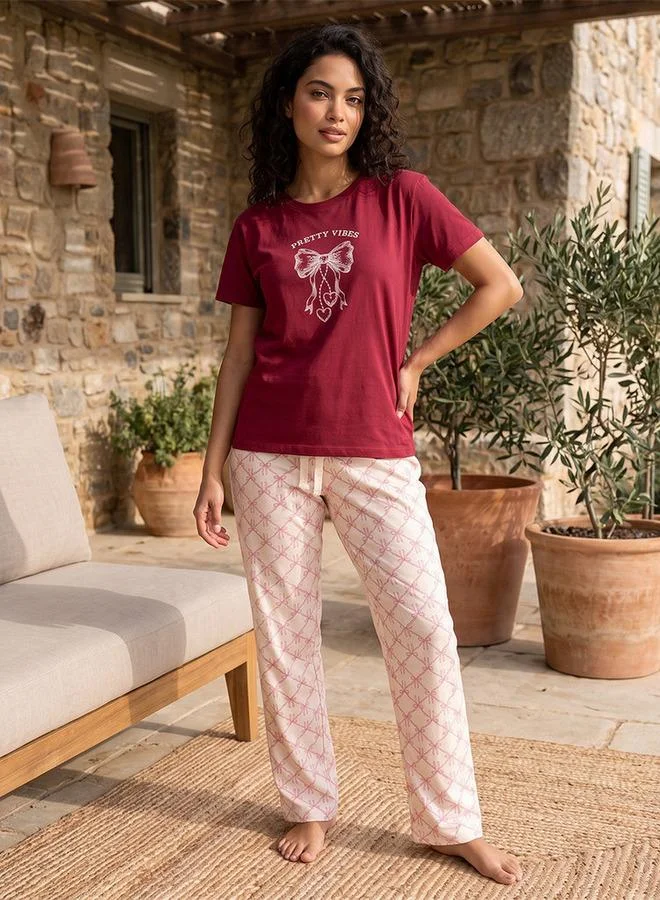 Splash FAV Fav Printed Crew Neck T-shirt and Pyjamas Set