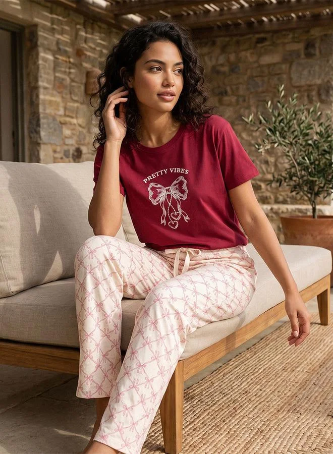 Splash FAV Fav Printed Crew Neck T-shirt and Pyjamas Set