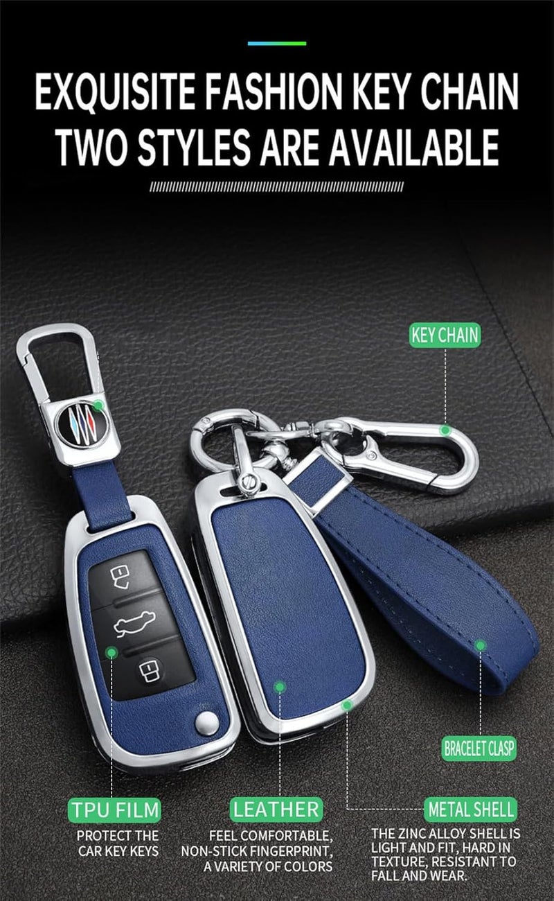 ontto Metal Car Key Fob Cover for Audi Models with 3 Buttons - Black Leather Key Case - Image 3
