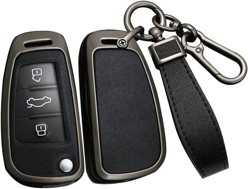 ontto Metal Car Key Fob Cover for Audi Models with 3 Buttons - Black Leather Key Case - Image 1