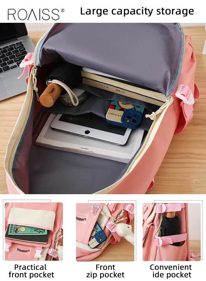 roaiss 4 Piece Casual Backpack Set for Students Including Backpack Handbag Pen Case and Coin Bag Simple Cute Large Capacity Practical Canvas Backpack Combination for Kids Children with Badge and Pendant  - Image 3