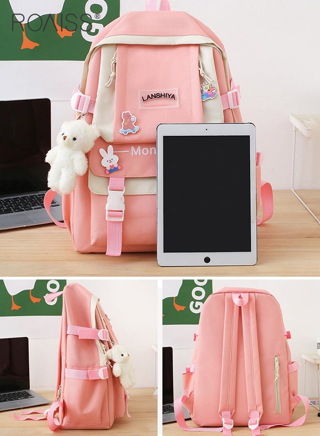 roaiss 4 Piece Casual Backpack Set for Students Including Backpack Handbag Pen Case and Coin Bag Simple Cute Large Capacity Practical Canvas Backpack Combination for Kids Children with Badge and Pendant  - Image 5