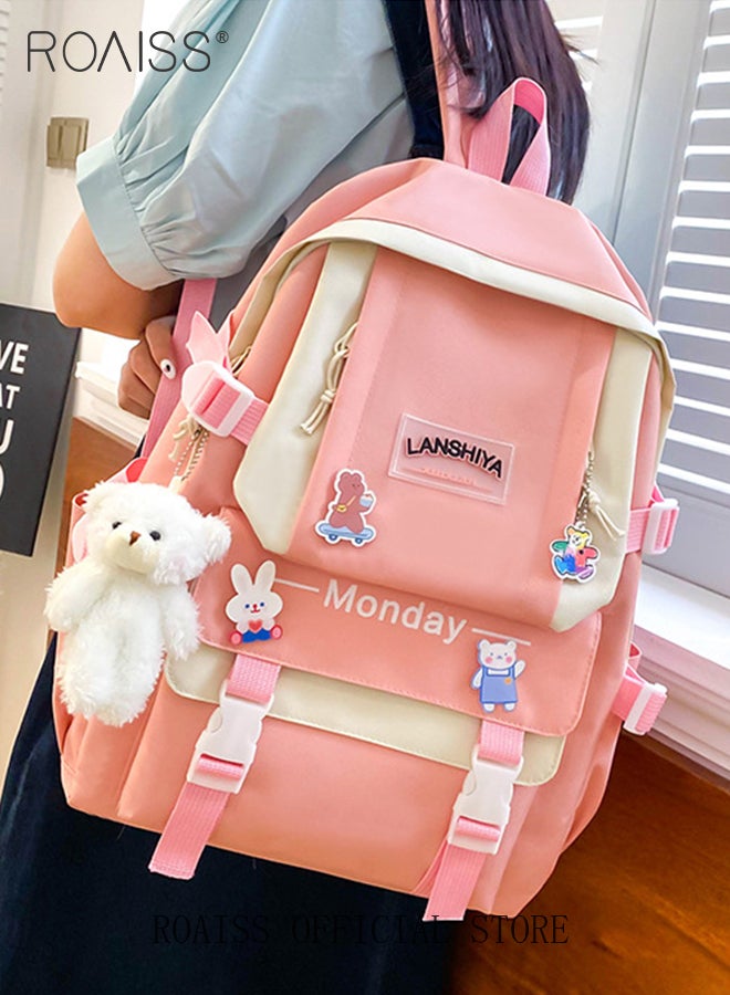 roaiss 4 Piece Casual Backpack Set for Students Including Backpack Handbag Pen Case and Coin Bag Simple Cute Large Capacity Practical Canvas Backpack Combination for Kids Children with Badge and Pendant  - Image 4