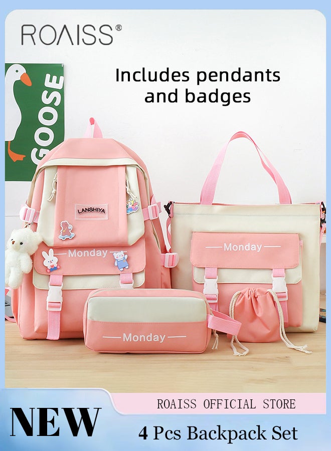 roaiss 4 Piece Casual Backpack Set for Students Including Backpack Handbag Pen Case and Coin Bag Simple Cute Large Capacity Practical Canvas Backpack Combination for Kids Children with Badge and Pendant  - Image 2