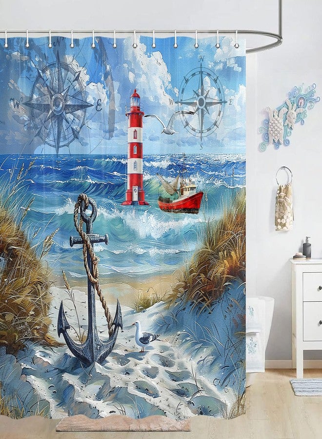 Jipusai Nautical Beach Shower Curtains for Bathroom, Lighthouse Ocean Coastal Shower Curtain, Anchor Compass Sailboat Beach Theme Waterproof Fabric Bathroom Curtain with Hooks,70X75IN Blue - Image 3