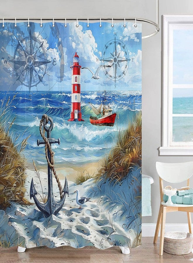 Jipusai Nautical Beach Shower Curtains for Bathroom, Lighthouse Ocean Coastal Shower Curtain, Anchor Compass Sailboat Beach Theme Waterproof Fabric Bathroom Curtain with Hooks,70X75IN Blue - Image 4