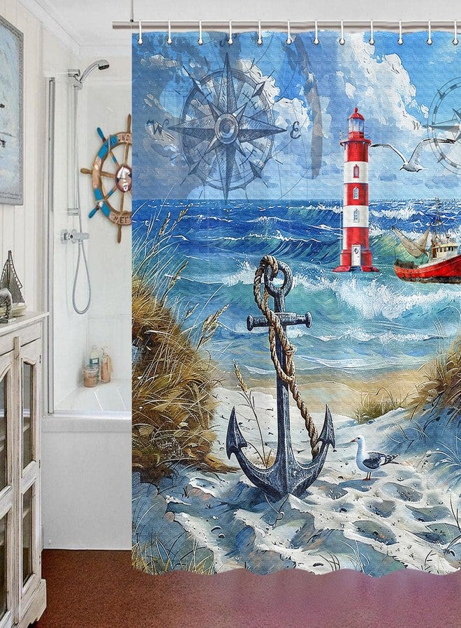 Jipusai Nautical Beach Shower Curtains for Bathroom, Lighthouse Ocean Coastal Shower Curtain, Anchor Compass Sailboat Beach Theme Waterproof Fabric Bathroom Curtain with Hooks,70X75IN Blue - Image 2