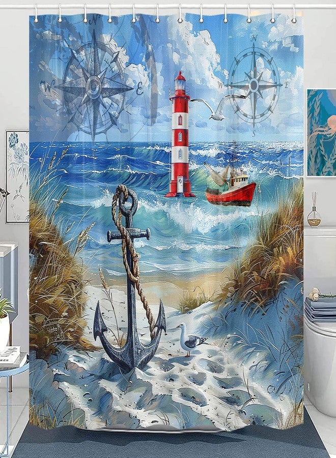 Jipusai Nautical Beach Shower Curtains for Bathroom, Lighthouse Ocean Coastal Shower Curtain, Anchor Compass Sailboat Beach Theme Waterproof Fabric Bathroom Curtain with Hooks,70X75IN Blue - Image 1