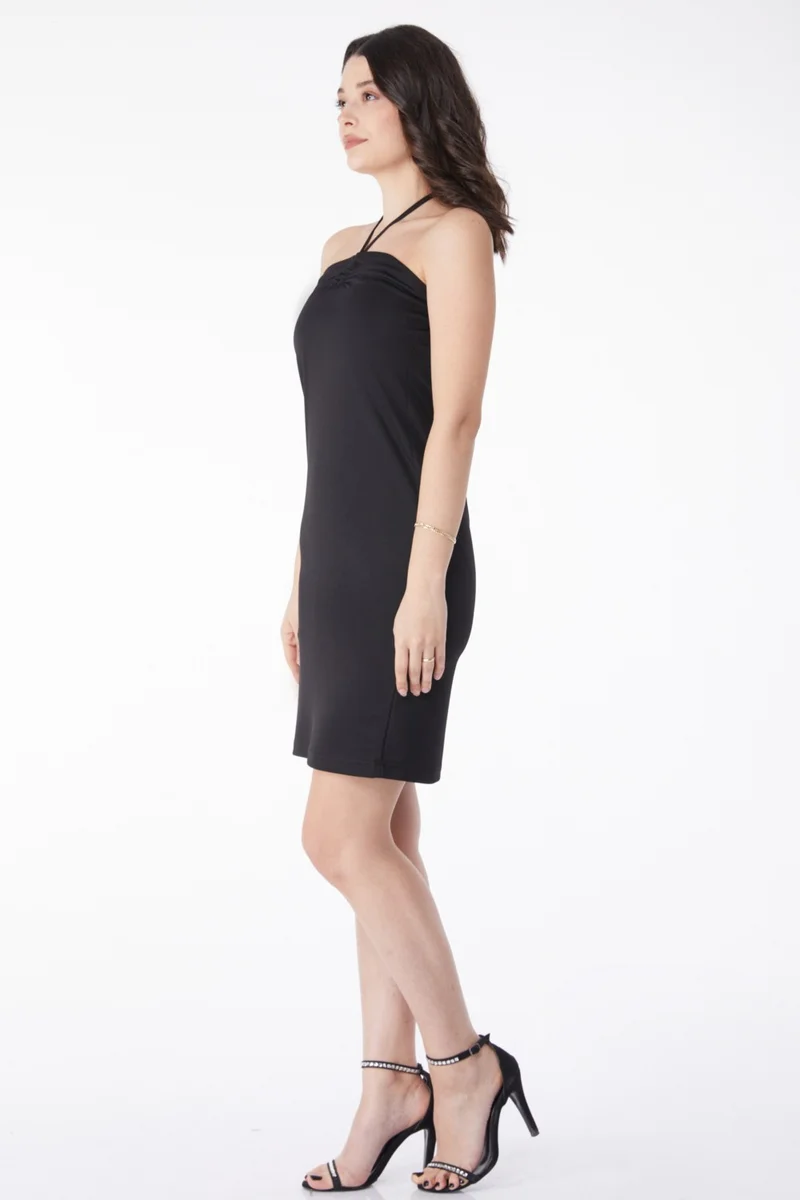 Tofisa Plain Mid Women's Black Lace Detail Evening Dress - 13190