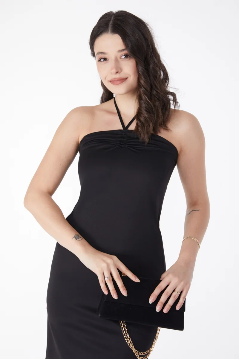 Tofisa Plain Mid Women's Black Lace Detail Evening Dress - 13190