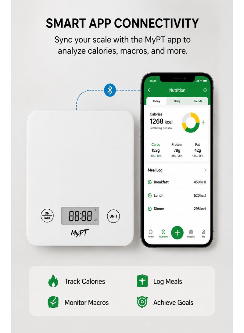 MyPT Smart Nutrition Kitchen Scale | Calorie & Nutritional Analysis | App Connected Food Weighing Scale | 1g Precision | Tare Function | White - Image 3