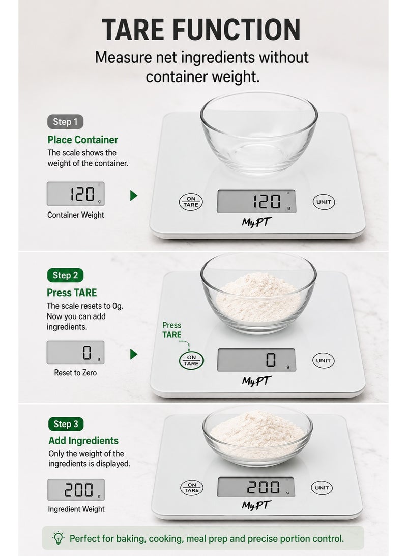 MyPT Smart Nutrition Kitchen Scale | Calorie & Nutritional Analysis | App Connected Food Weighing Scale | 1g Precision | Tare Function | White - Image 4