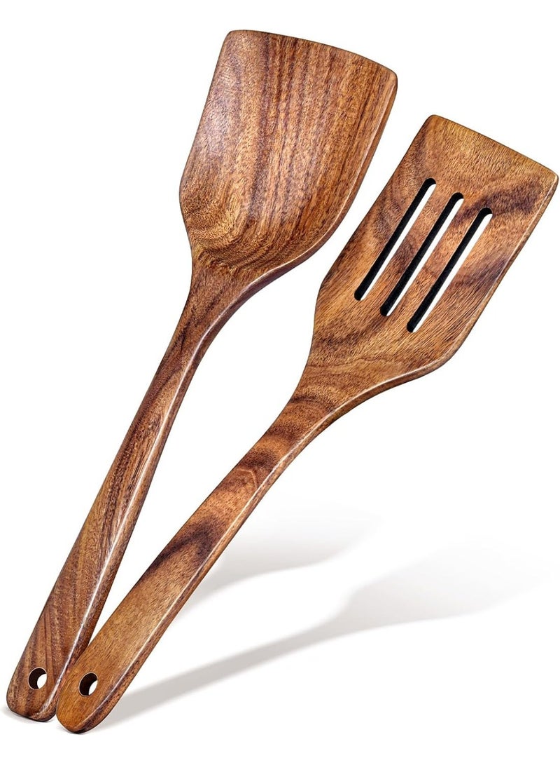 2 Piece Acacia Wood Spatula Set Solid And Slotted Cooking Turners Long Handle Wooden Utensils for Non Stick Cookware Frying And Baking - Image 1