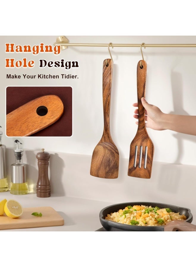 2 Piece Acacia Wood Spatula Set Solid And Slotted Cooking Turners Long Handle Wooden Utensils for Non Stick Cookware Frying And Baking - Image 5