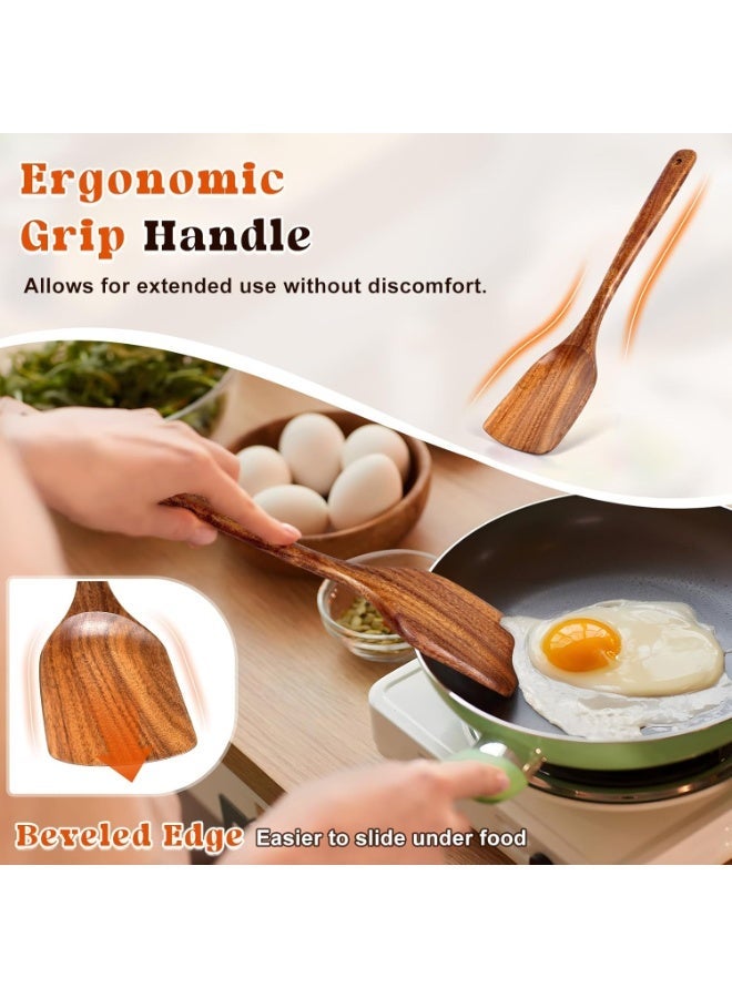 2 Piece Acacia Wood Spatula Set Solid And Slotted Cooking Turners Long Handle Wooden Utensils for Non Stick Cookware Frying And Baking - Image 2