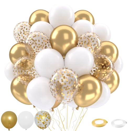 Patimate White and Gold Balloons Set 50 pcs 12 inch Metallic Gold White Gold Confetti Latex Balloons Kit for Birthday Engagement Wedding Anniversary Party Decorations - Image 1
