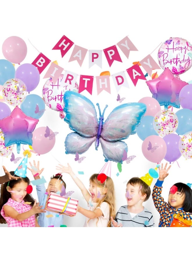 Daytoyz 34 Pcs Butterfly Balloons Set for Girls Kids Women, Rose Red Happy Birthday Banner Party Decorations Kit, Purple Butterflies Theme Party Supplies with Gold Pink Sand Confetti Foil Balloons - Image 1