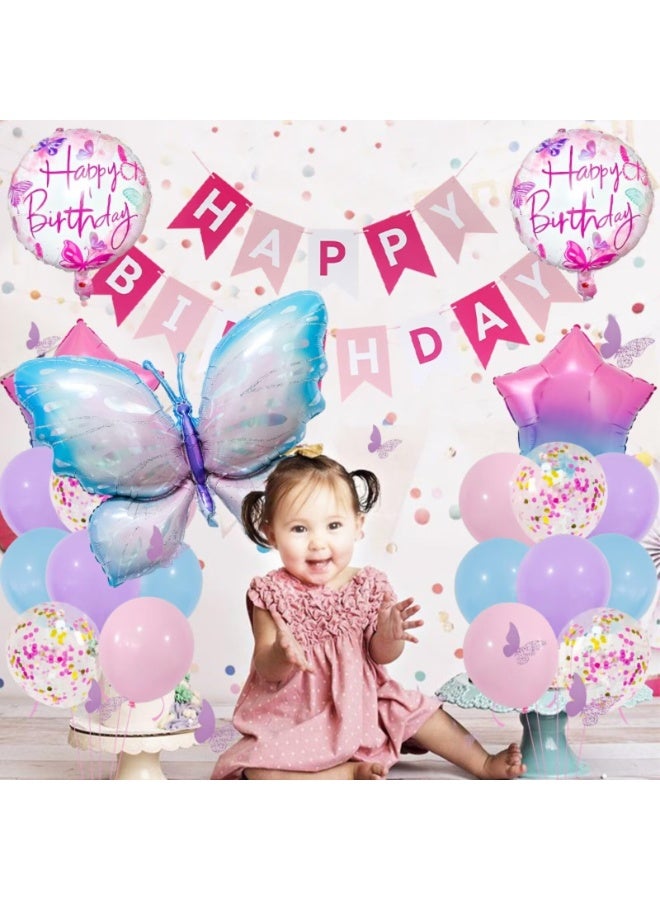 Daytoyz 34 Pcs Butterfly Balloons Set for Girls Kids Women, Rose Red Happy Birthday Banner Party Decorations Kit, Purple Butterflies Theme Party Supplies with Gold Pink Sand Confetti Foil Balloons - Image 3
