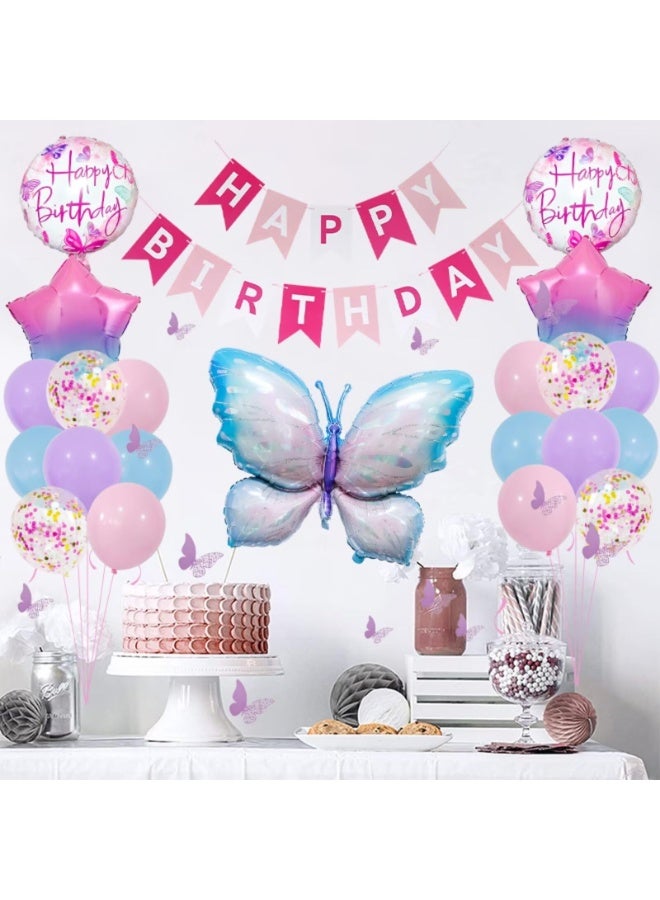 Daytoyz 34 Pcs Butterfly Balloons Set for Girls Kids Women, Rose Red Happy Birthday Banner Party Decorations Kit, Purple Butterflies Theme Party Supplies with Gold Pink Sand Confetti Foil Balloons - Image 2