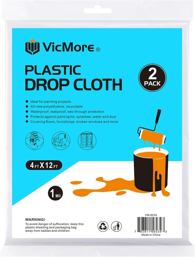 VICMORE Clear Plastic Drop Cloths - Water & Dustproof, Odorless Plastic Sheet for Renovations, DIY Projects - Durable Paint Tarp with 1mil Thickness - Floor Covering & Dust Cover - 4 x 12’ - 2 Pack - Image 1