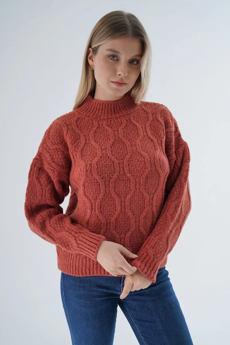 Trist Star Women's Tile Oversize Half Turtleneck Walk Honeycomb Knitting Wool Special Yarn Knitwear Knitted Sweater