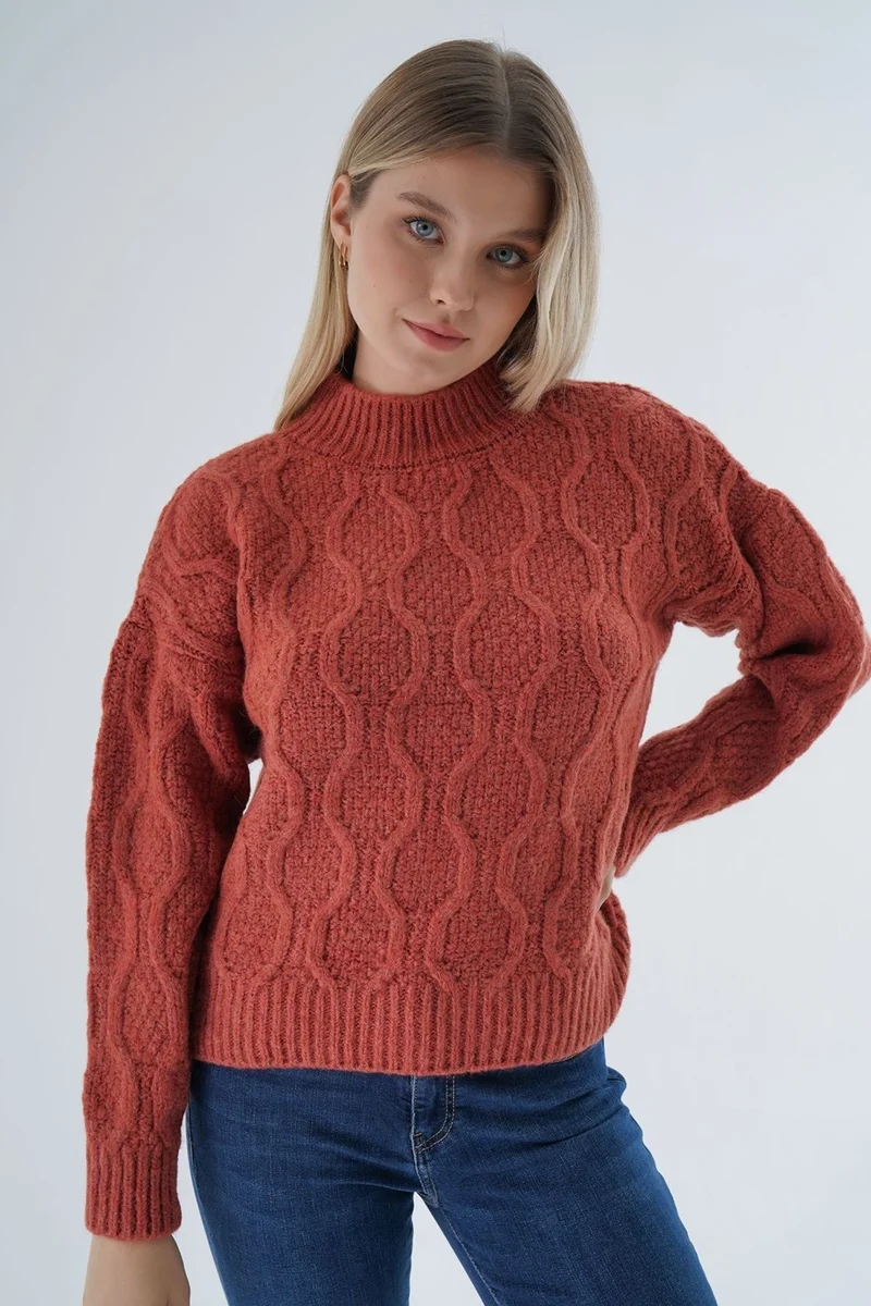 Trist Star Women's Tile Oversize Half Turtleneck Walk Honeycomb Knitting Wool Special Yarn Knitwear Knitted Sweater