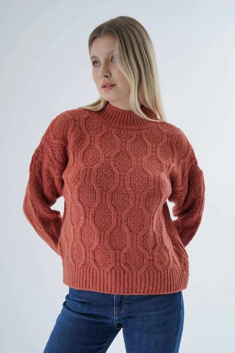 Trist Star Women's Tile Oversize Half Turtleneck Walk Honeycomb Knitting Wool Special Yarn Knitwear Knitted Sweater